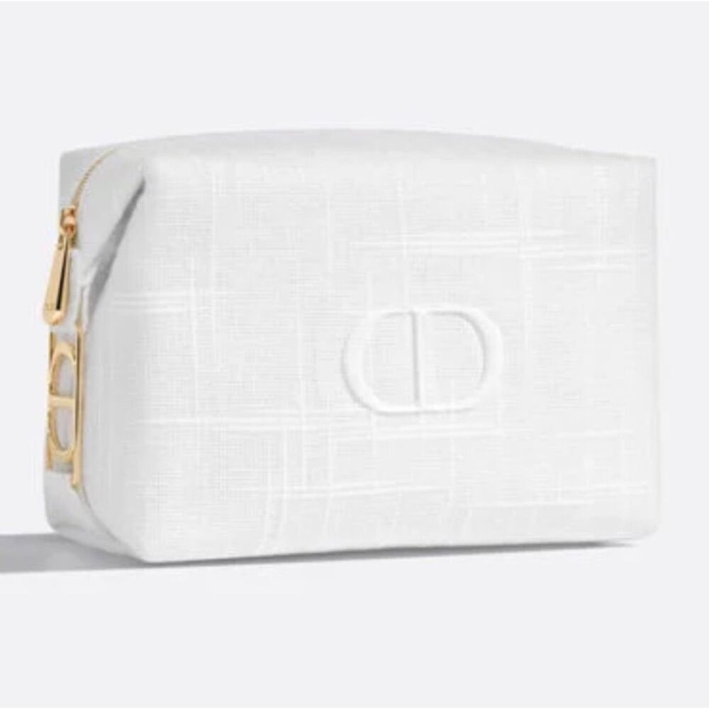 NEW Dior White Linen-like Cosmetic Beauty Makeup Pouch Bag with Gold Accents